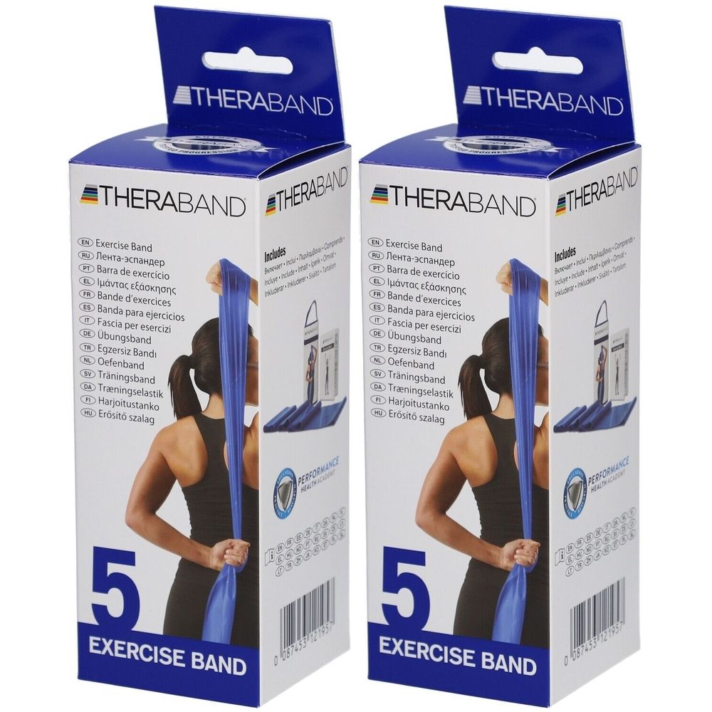 Deux boîtes bleues TheraBand. Inscription : TheraBand, Exercise Band, 5. Une femme tient la bande. Accessoires inclus.