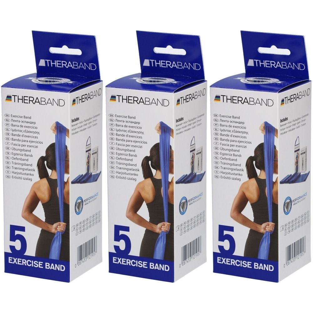 Trois boîtes de TheraBand. Bandes d'exercice bleues. Inscription : TheraBand, Exercise Band, 5.