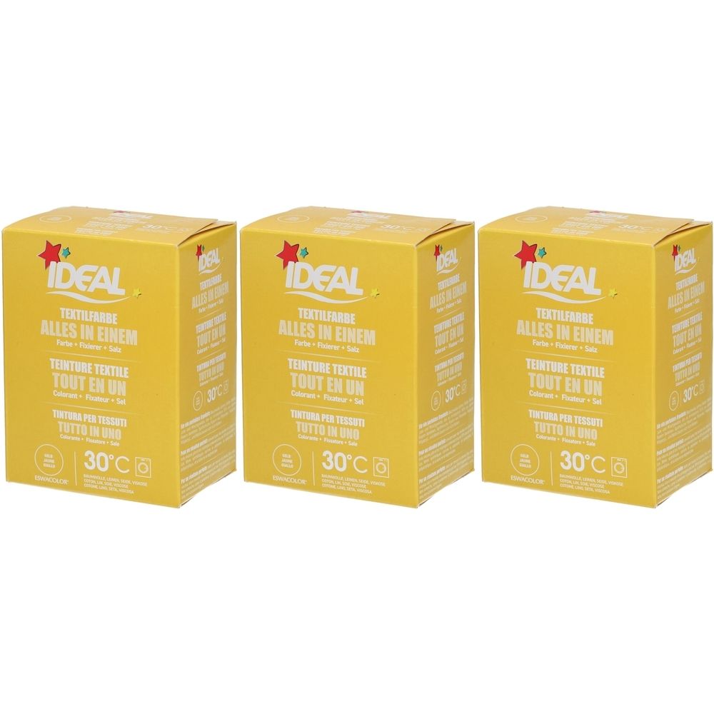 Drei gelbe Kartons mit der Aufschrift IDEAL Textilfarbe. Aufschrift: ALLES IN EINEM, TEINTURE TEXTILE, TOUT EN UN, TINTURA PER TESSUTI, 30°C.