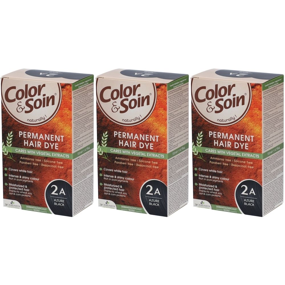 Trois boîtes de Color & Soin Permanente Haarfarbe 2A Azure Black. Inscription : Permanent Hair Dye, avec extraits végétaux.