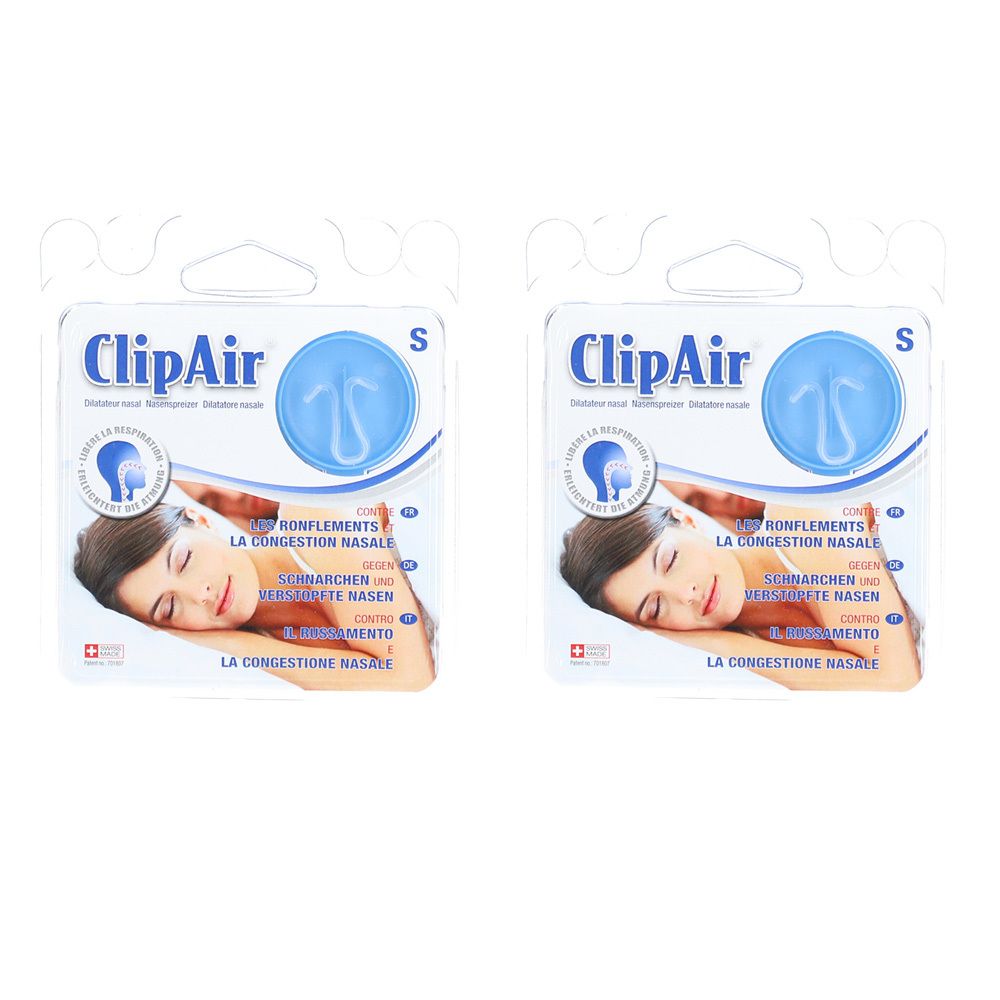 Deux emballages de ClipAir Nasendilatator taille S. Chaque emballage montre un dilatateur nasal bleu et une femme endormie.