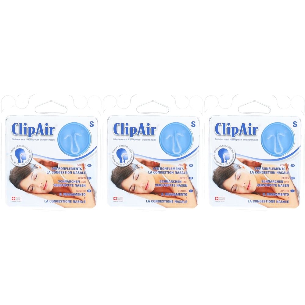 Trois emballages de dilatateur nasal CLIPAIR taille S. Chaque emballage montre un embout nasal bleu et une personne endormie.