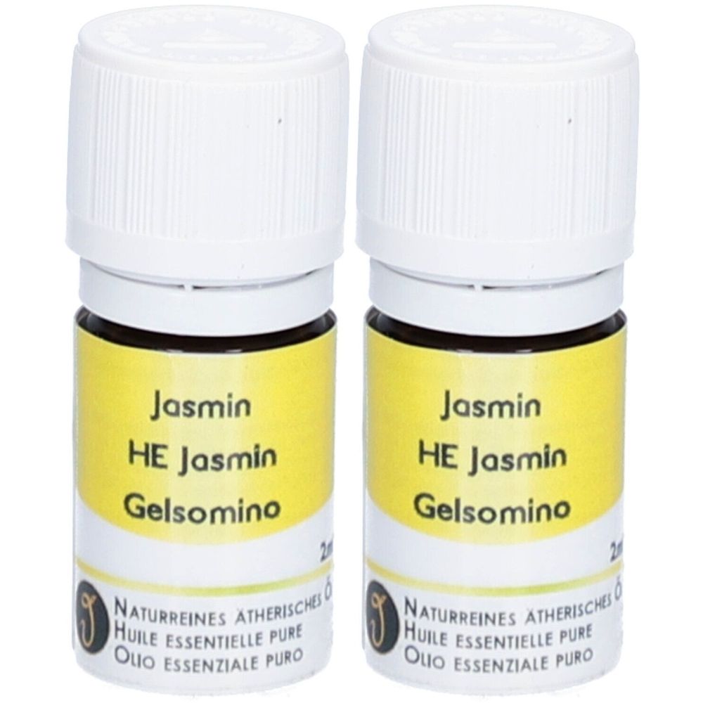 Zwei kleine Glasflaschen mit weißem Deckel. Auf gelbem Etikett steht "Jasmin", "HE Jasmin Gelsomino" und weitere Angaben.