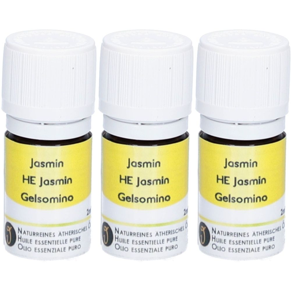 Drei kleine Flaschen mit weißem Deckel und gelbem Etikett. Auf dem Etikett steht "Jasmin HE Jasmin Gelsomino".