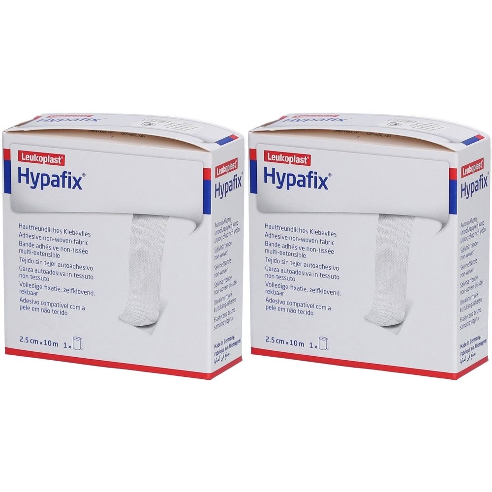 Zwei Packungen Hypafix Klebevlies. Aufdruck: Leukoplast, Hypafix, 2,5 cm x 10 m. Weißes, nicht gewebtes Material, teilweise sichtbar.