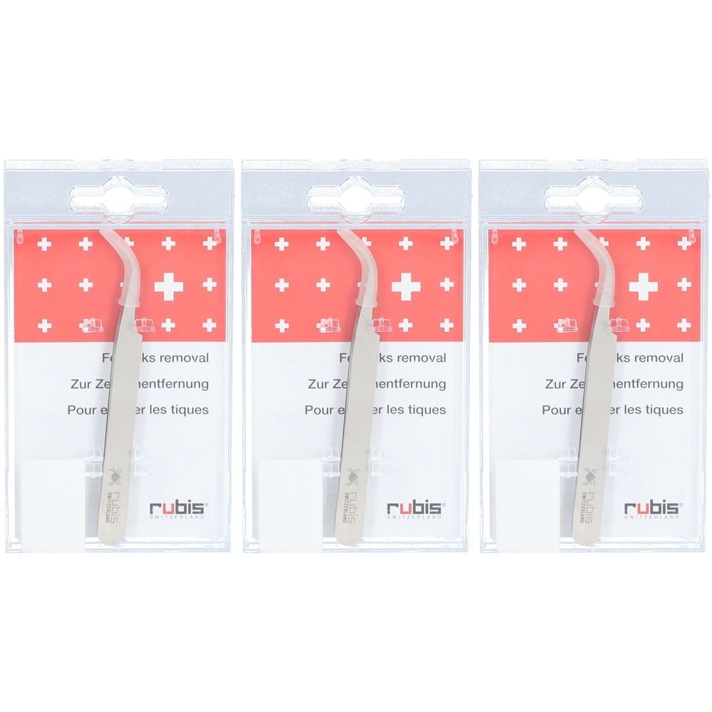 Drei Zeckenpinzetten in Kunststoffverpackung. Pinzetten aus Edelstahl, gebogen. Verpackung mit rotem Hintergrund und Schweizer Kreuz.