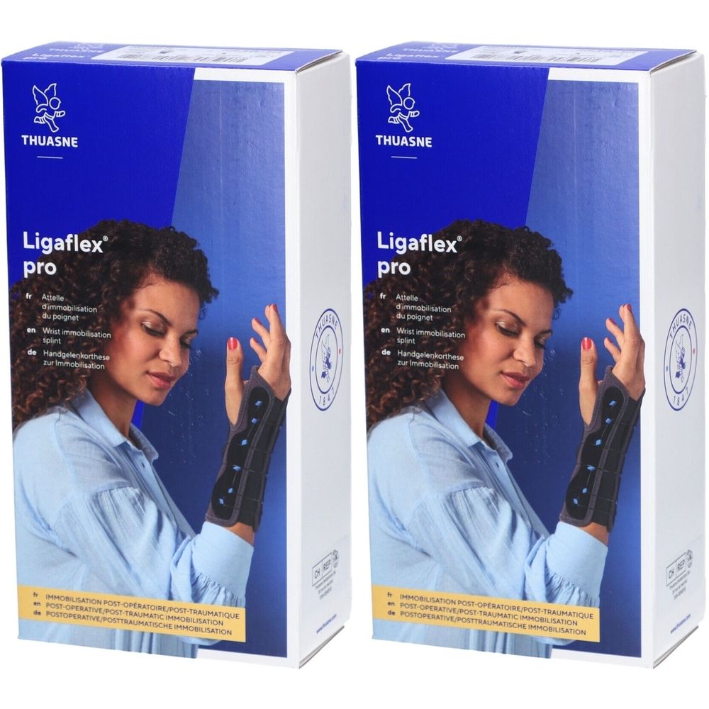 Zwei Packungen der Handgelenkorthese Ligaflex Pro. Auf jeder Packung ist eine Frau mit der Orthese am Handgelenk abgebildet.
