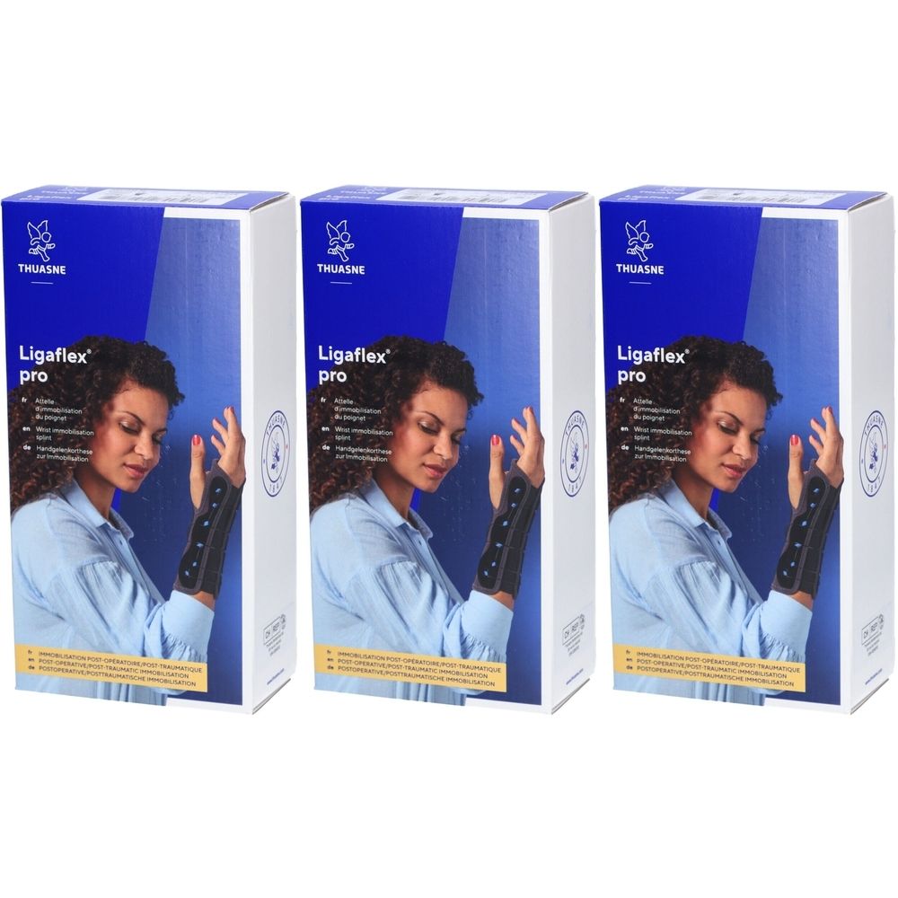 Drei Packungen THUASNE Ligaflex Pro Handgelenkorthese. Jede Packung zeigt eine Frau mit der Orthese. Graue Verpackung.