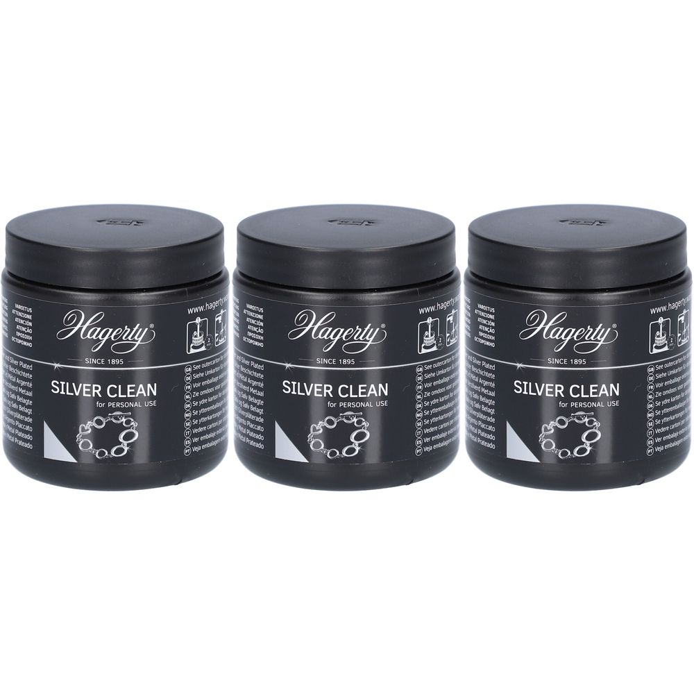 Drei schwarze Tiegel mit Deckel. Aufschrift Hagerty Silver Clean. Für Silber und versilbertes Metall.