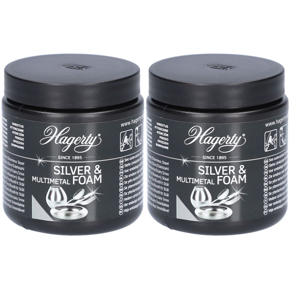 Deux pots noirs avec couvercles. Inscription Hagerty Silver & Multimetal Foam. Logo et texte argentés. Inscription Since 1895.