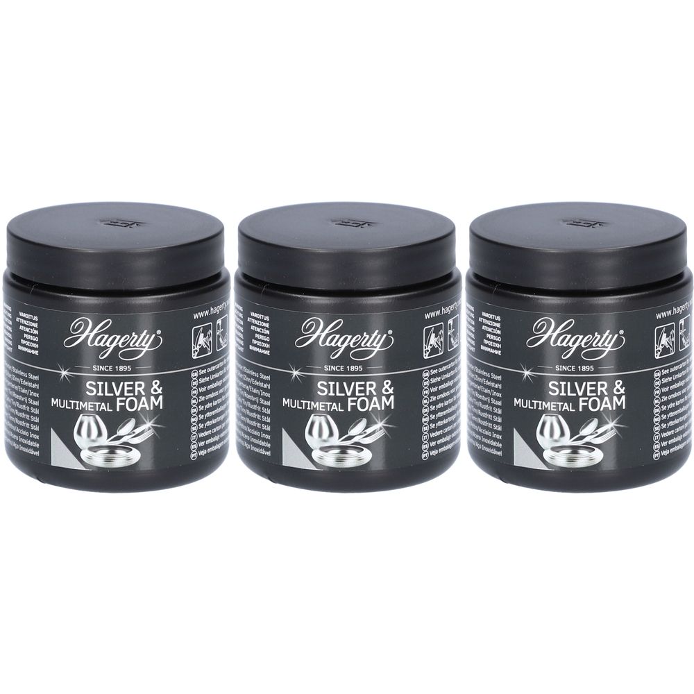 Trois pots noirs avec couvercles. Inscription Hagerty, SILVER & MULTIMETAL FOAM. Produit pour argent, étain et acier inoxydable.