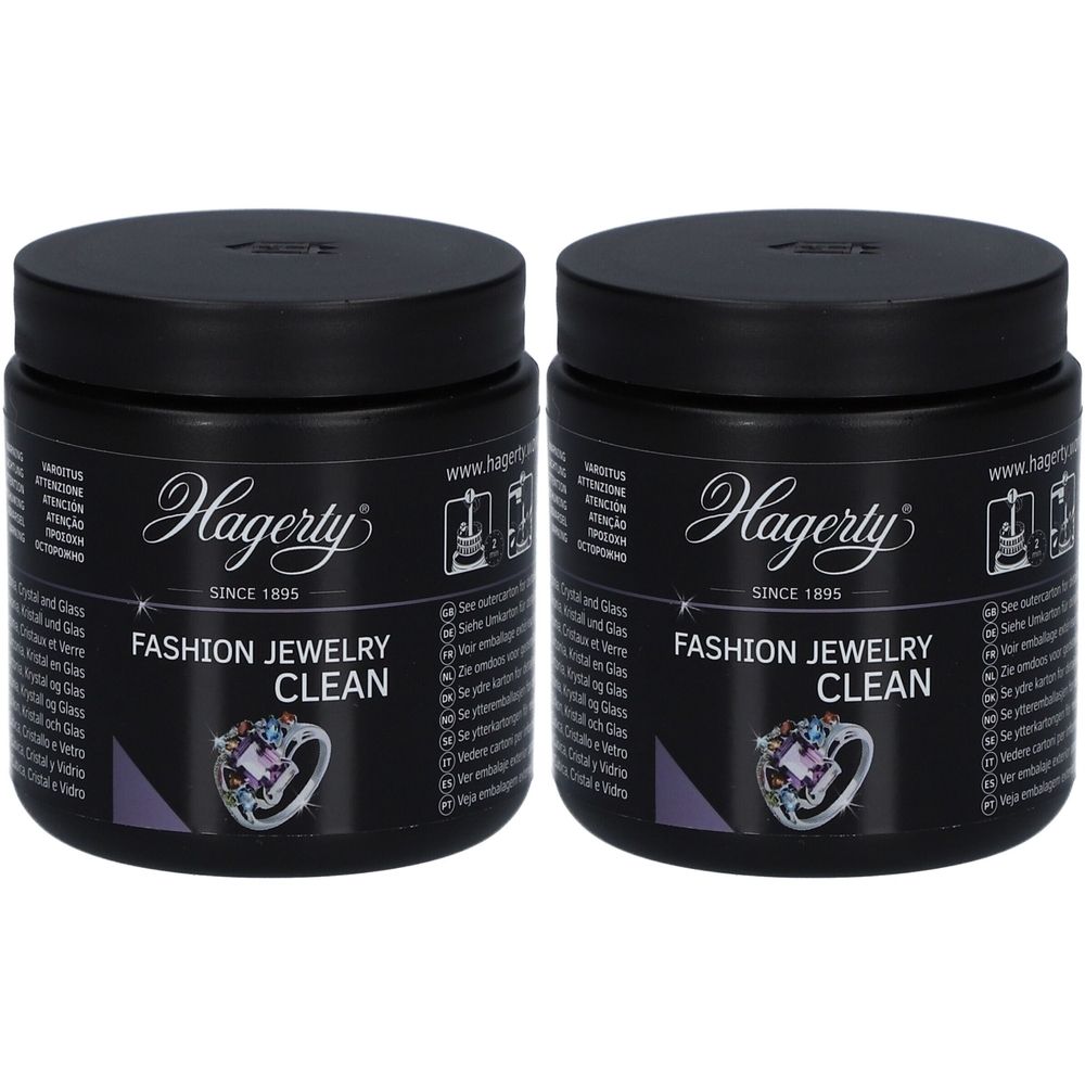 Zwei schwarze Tiegel mit Deckel. Aufschrift Hagerty, Fashion Jewelry Clean. Abbildung eines Rings. Seitliche Textzeilen.