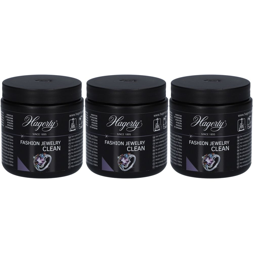 Drei schwarze Tiegel mit Deckel. Aufschrift Hagerty, Fashion Jewelry Clean. Abbildung eines Rings mit Stein.