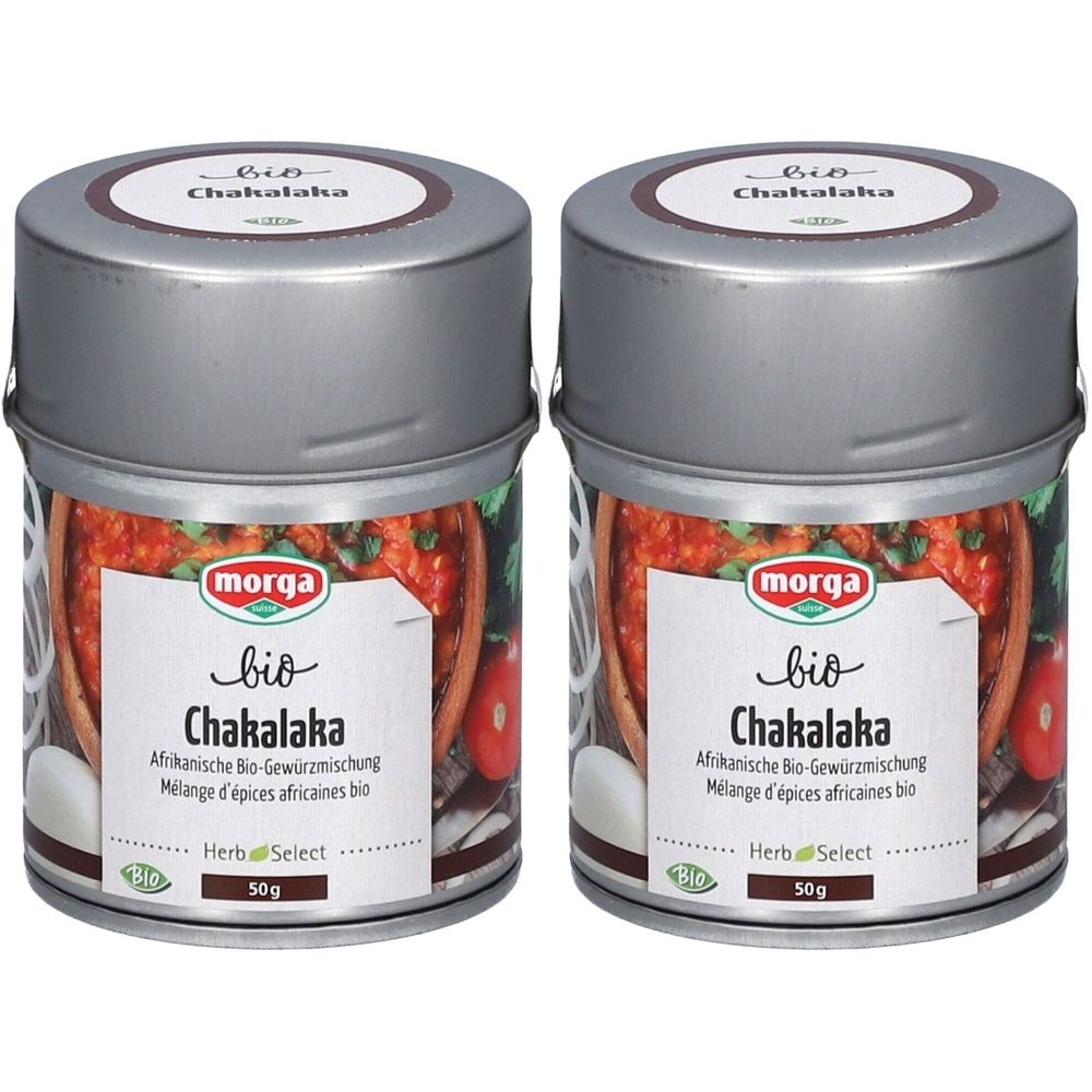 Deux boîtes de mélange d'épices morga® Bio Chakalaka. Récipients métalliques avec couvercles. Inscriptions : Bio, Chakalaka, Herb Select, 50g. Label Bio.