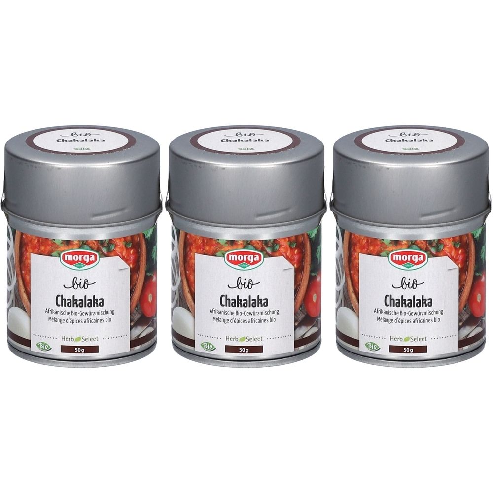 Trois boîtes avec couvercles. Inscription : morga bio Chakalaka. Mélange d'épices africaines bio. Herbal Select. 50g.