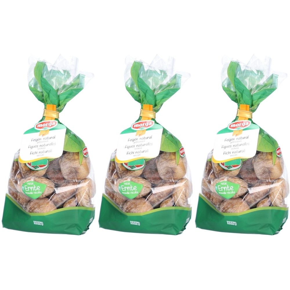 Trois sachets de figues séchées. Chaque sachet a une étiquette verte avec le logo "morga" et du texte.