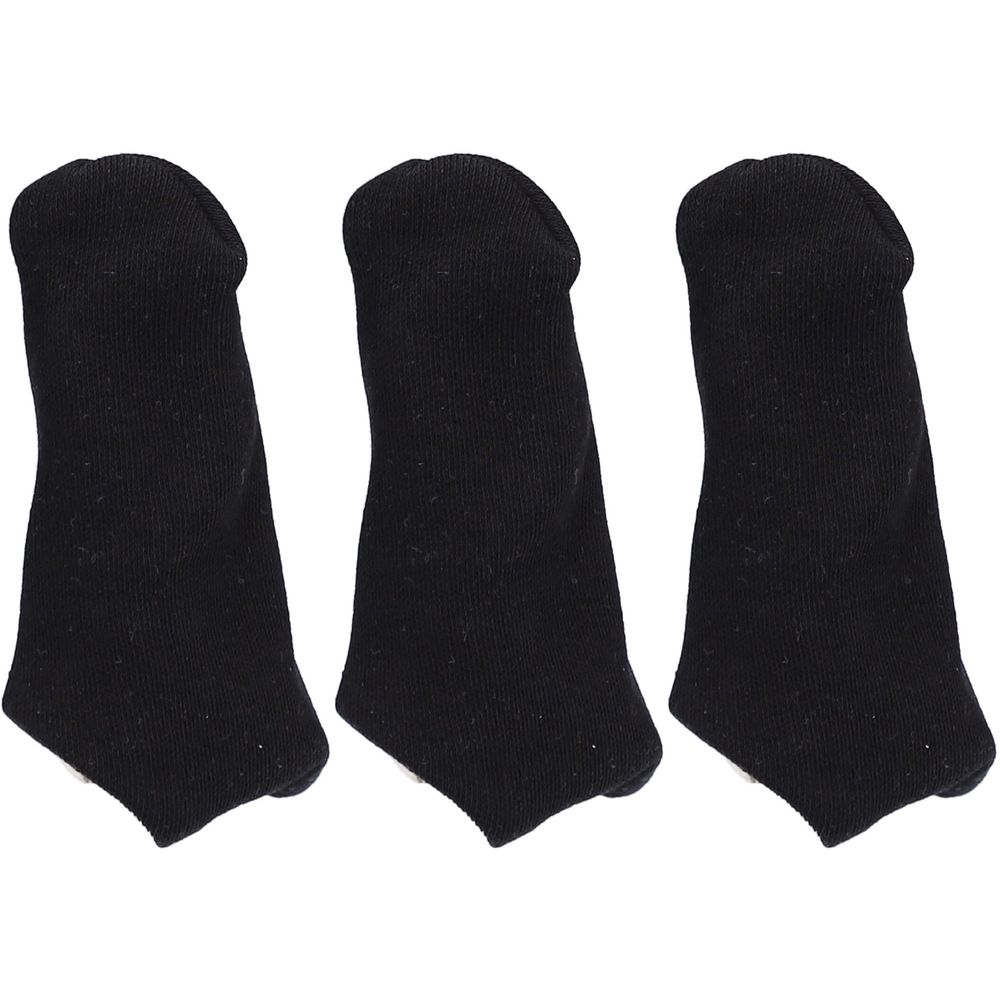 Drei schwarze, gestrickte Fingerhüte. Sie sind länglich, mit einer abgerundeten Spitze und einer offenen Basis.
