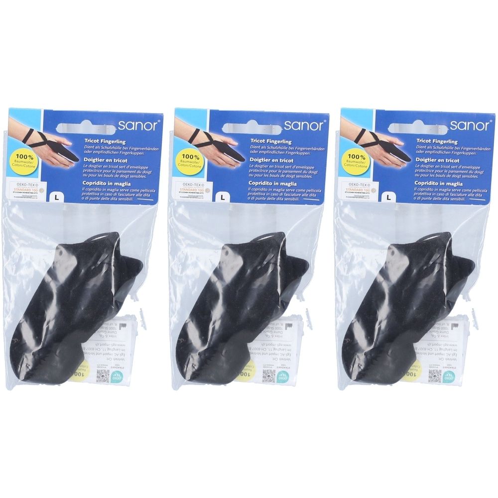 Drei schwarze Strickfingerhüte in Folienverpackung. Auf der Verpackung steht "SANOR" und "Tricot Fingerling". Größe L.