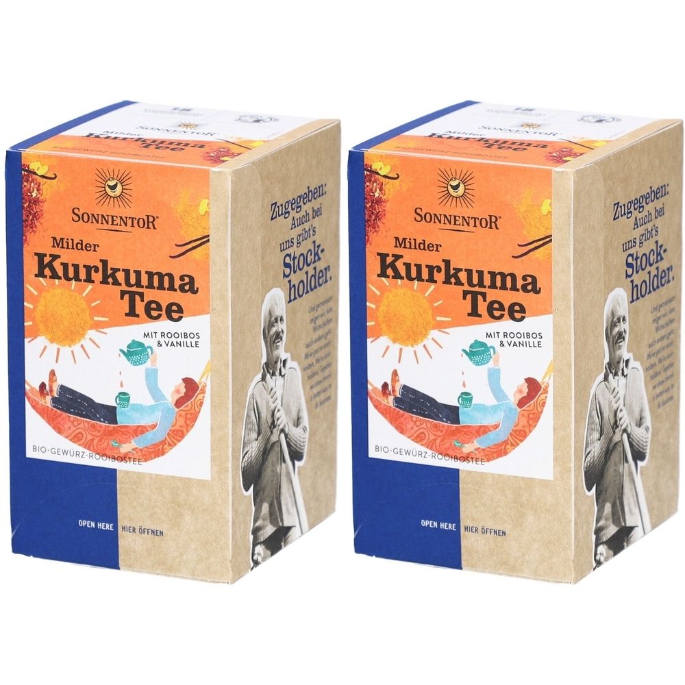 Zwei Kartons mit Aufschrift "SONNENTOR Milder Kurkuma Tee". Aufdruck mit Illustration und Text. Blaue und braune Verpackung.