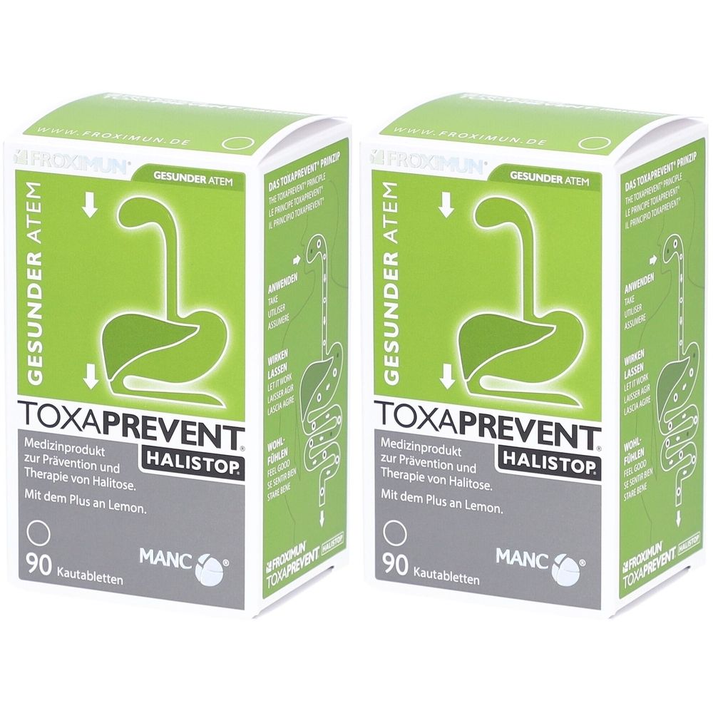 Zwei grüne Schachteln mit "TOXAPREVENT HALISTOP"-Logo. Text: "GESUNDER ATEM". Enthält 90 Kautabletten. Marke: MANC.