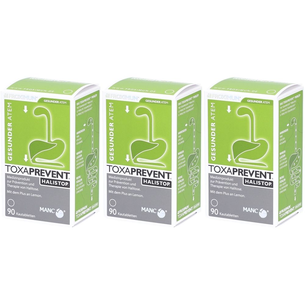 Drei grüne Schachteln mit "TOXAPREVENT HALISTOP"-Aufdruck. Jede Schachtel enthält 90 Tabletten. Aufdruck: "GESUNDER ATEM".