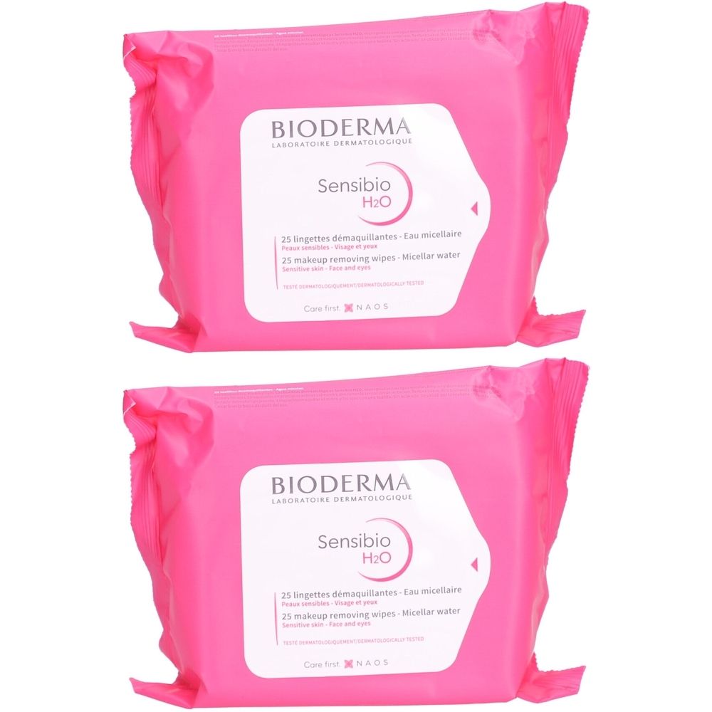 Zwei Packungen rosa Mizellenwischtücher. Aufschrift: BIODERMA Sensibio H2O. 25 Reinigungstücher, für empfindliche Haut.