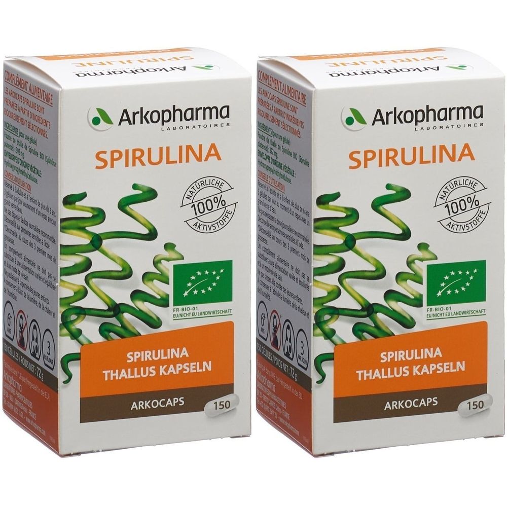 Deux boîtes de Spiruline. Inscriptions : Arkopharma, Spirulina, Thallus Kapseln, 100% actifs, label bio, 150 capsules.