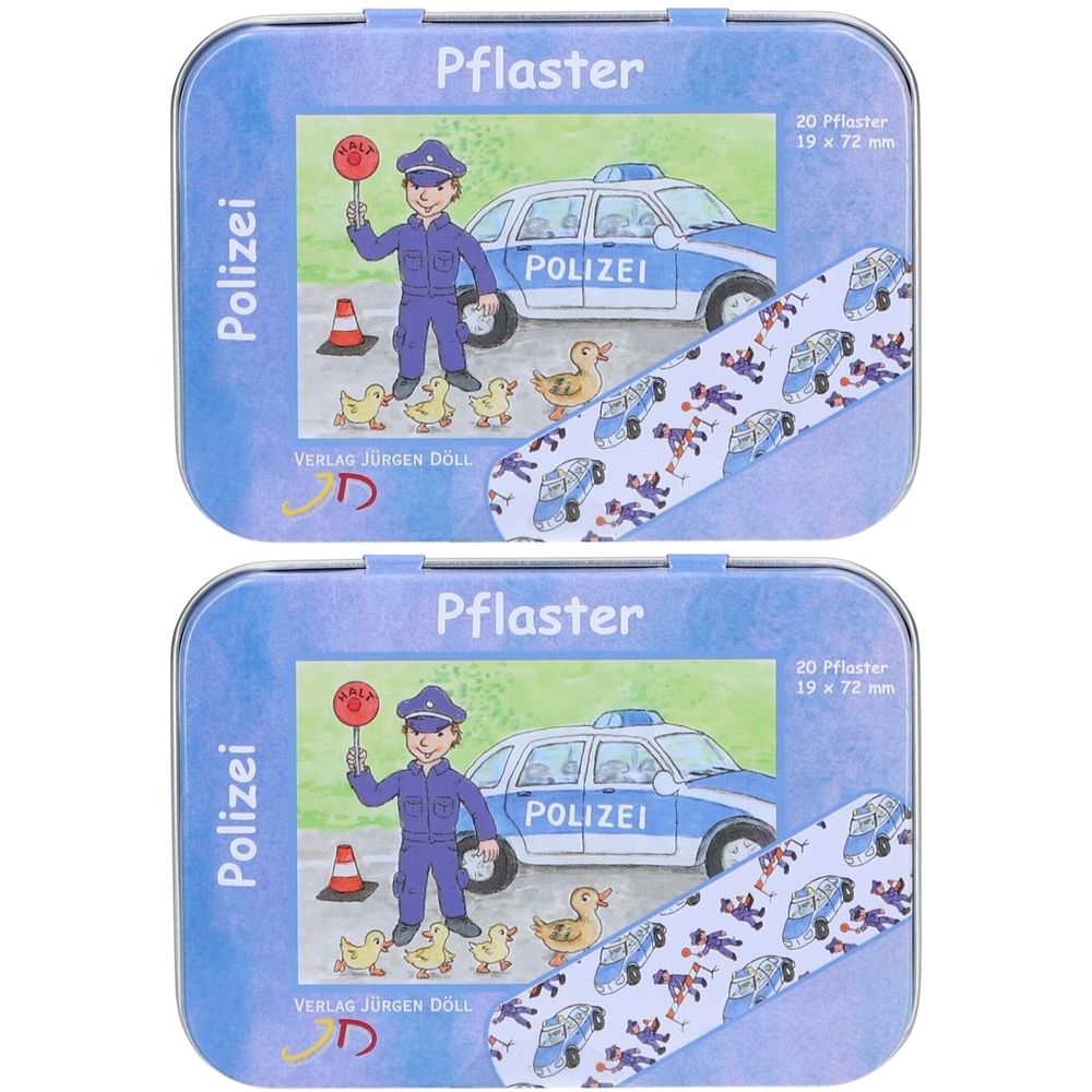 Zwei DÖLL® Heftpflaster Polizei-Metalldosen. Jede Dose zeigt ein Polizeiauto, Polizisten und Enten. Aufschrift: Pflaster, 20 Pflaster, 19 x 72 mm.