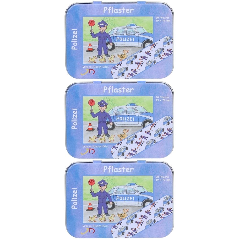 Drei blaue Metalldosen mit Pflaster. Auf jeder Dose ist ein Polizist mit Polizeiauto und Enten abgebildet. Aufschrift: Polizei.