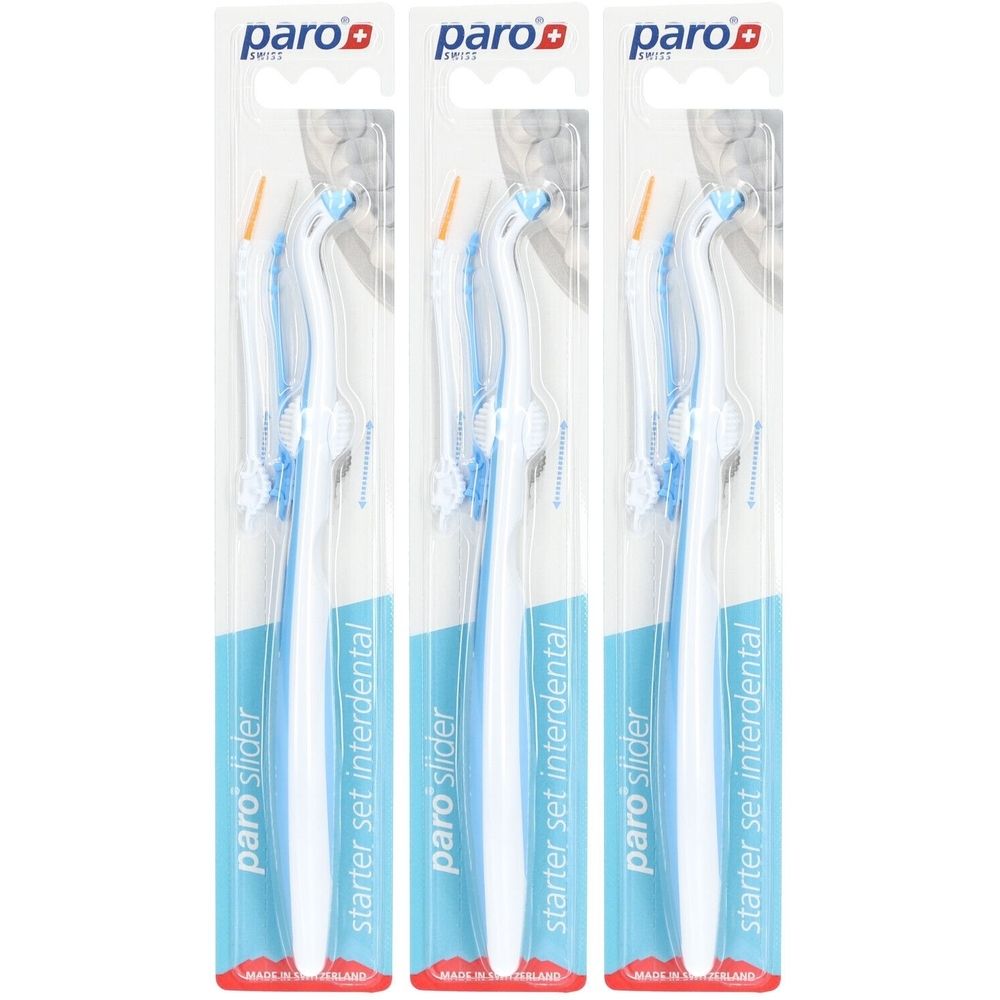 Trois kits de démarrage pour le nettoyage interdentaire. Chaque kit comprend une poignée blanche, des éléments bleus et une pointe orange. Emballé.