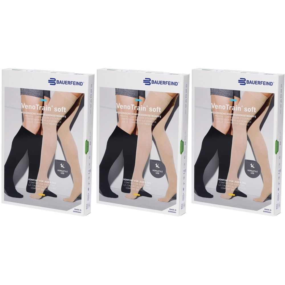 Trois boîtes de bas de compression. Sur chaque boîte : marque BAUERFEIND, VenoTrain soft, bas noirs et beiges représentés.