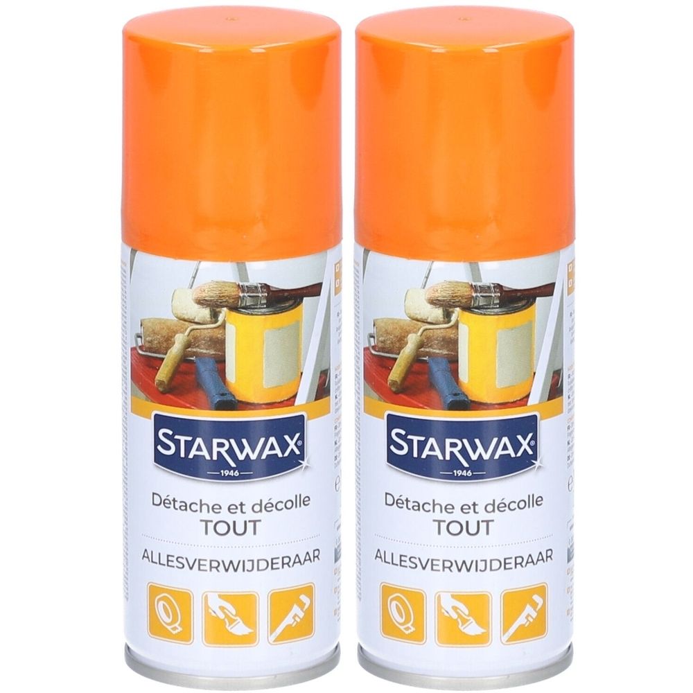 Deux sprays avec bouchons orange. Inscription : STARWAX, Détache et décolle TOUT, Allesverwijderaar. Illustration d'outils.