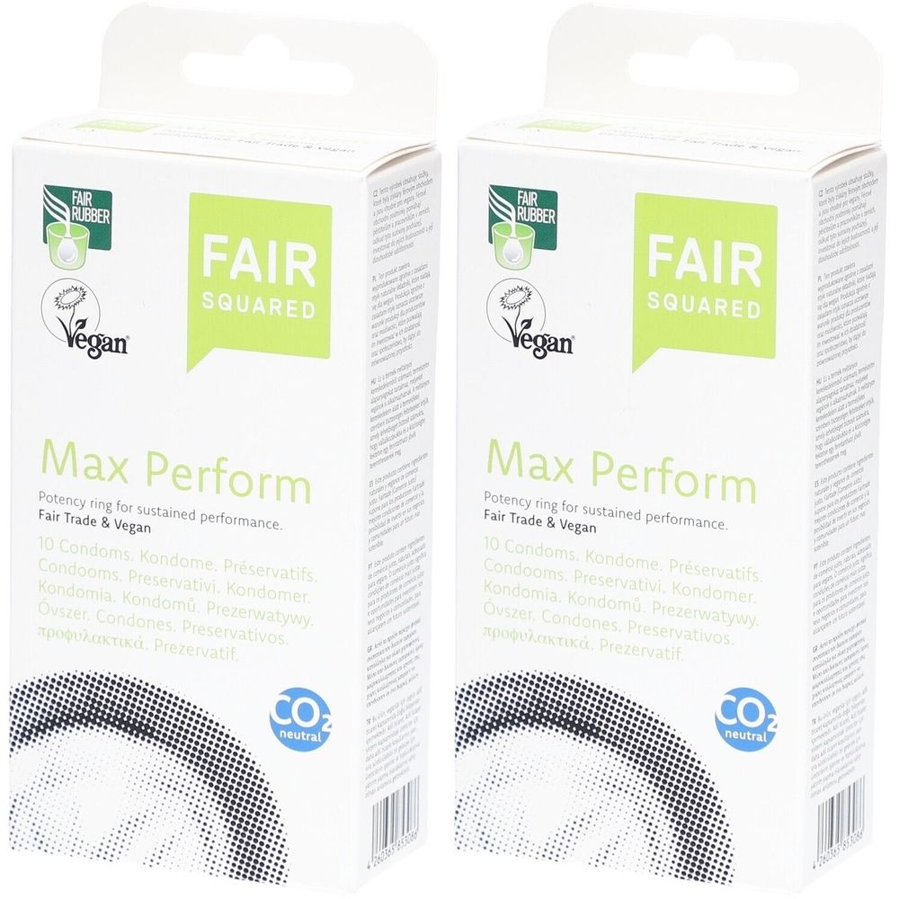 Zwei weiße Kartons mit grünen Akzenten. Aufschrift: FAIR SQUARED, Max Perform, Vegan-Siegel. CO2-neutral.