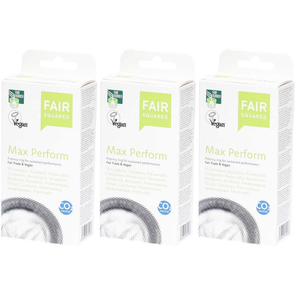 Drei Schachteln Kondome. Aufschrift: FAIR SQUARED, Max Perform, Vegan. CO2-neutral.