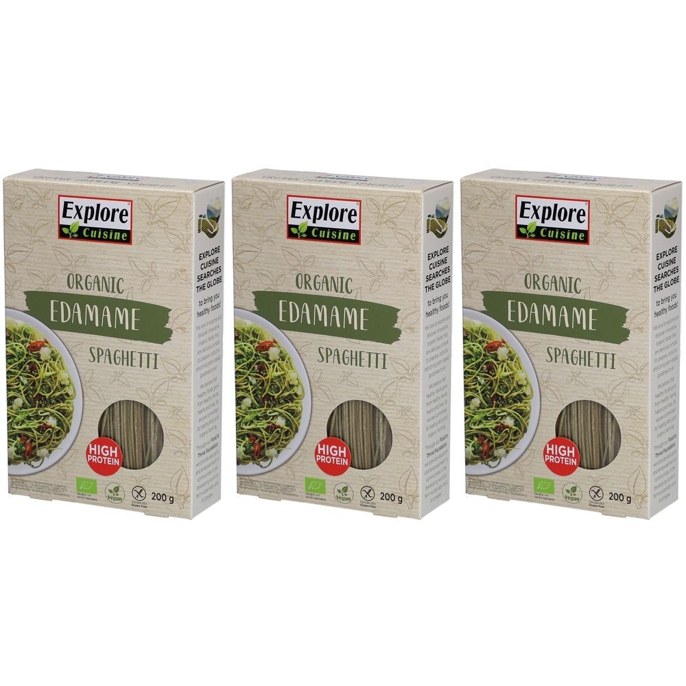 Drei Kartons Explore Cuisine Spaghetti aus Edamamebohnen. Aufdruck: Organic Edamame Spaghetti, EU Bio, High Protein, 200g.