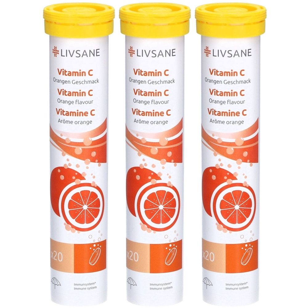 Trois tubes de vitamine C LIVSANE. Inscription : Vitamine C, goût orange, Orange flavour, Arôme orange. Illustration d'orange.
