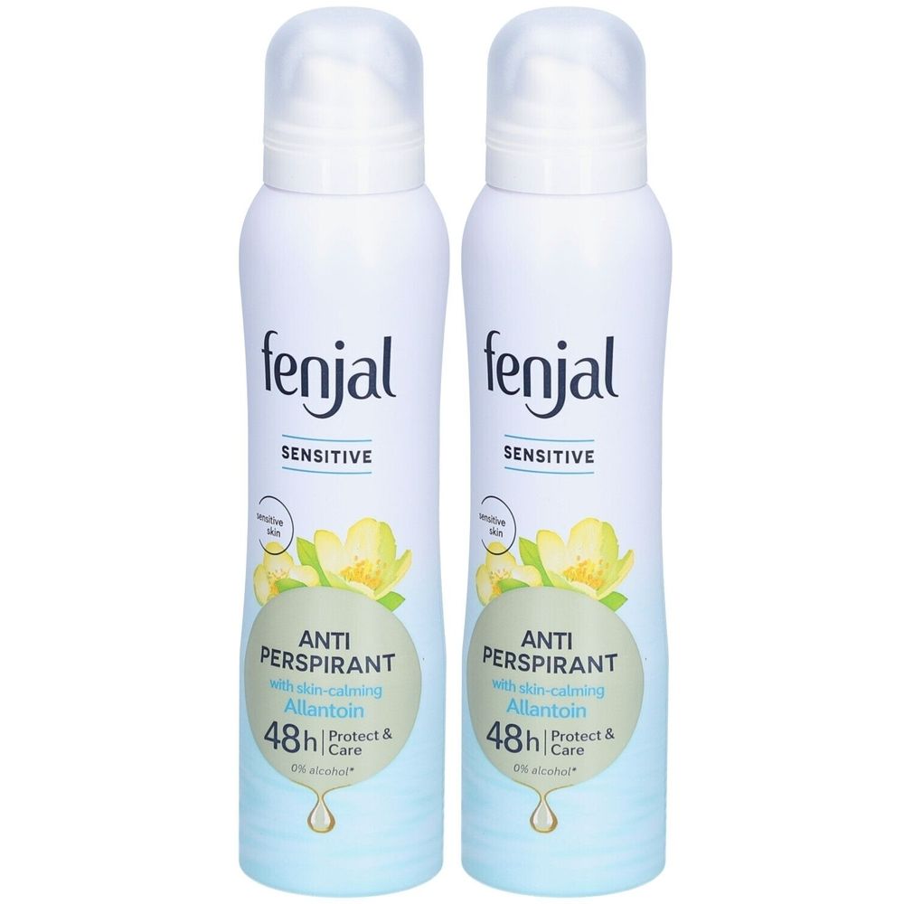 Deux déodorants blancs "fenjal". Inscription "SENSITIVE", "ANTI PERSPIRANT" et "48h". Design floral.