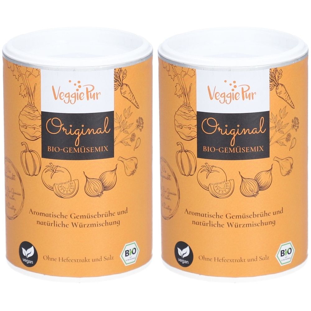 Zwei zylindrische Dosen mit weißem Deckel. Aufschrift: Veggie Pur Original BIO-GEMÜSEMIX. Vegan- und Bio-Siegel. Text: Aromatische Gemüsebrühe und natürliche Würzmischung.