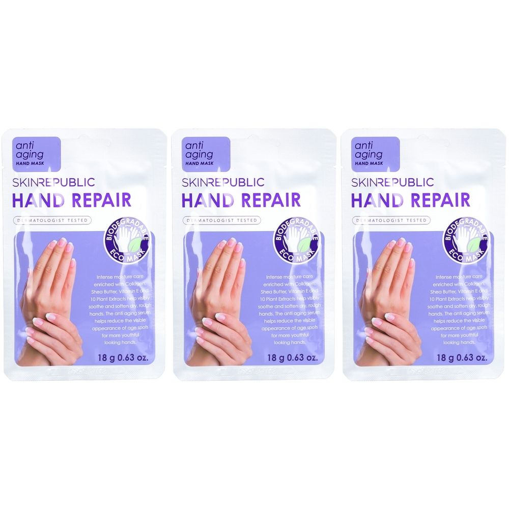 Drei Beutel SKIN REPUBLIC Hand Repair. Aufschrift: Anti-Aging, Hand Wash. Abbildung von Händen. Inhalt: 18 g / 0,63 oz.