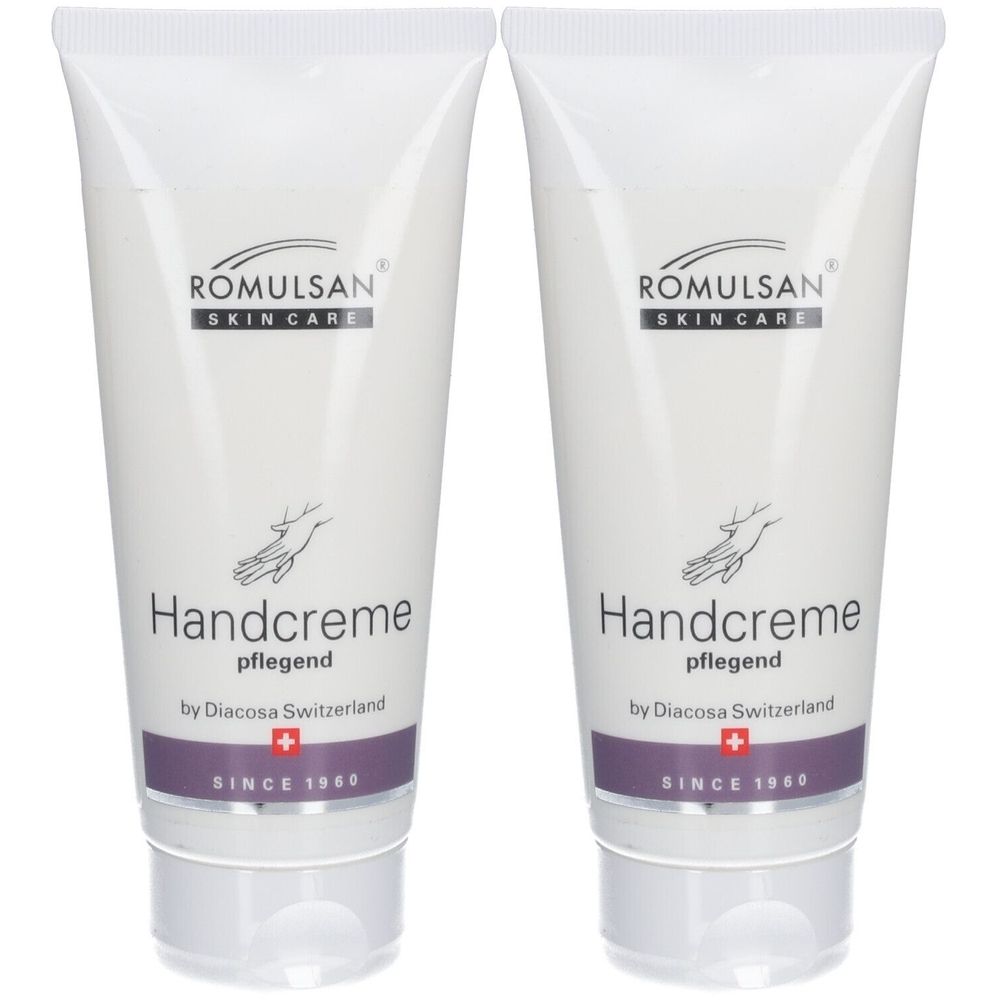 Zwei Tuben Handcreme. Aufschrift: ROMULSAN SKIN CARE, Handcreme pflegend, by Diacosa Switzerland, SINCE 1960.