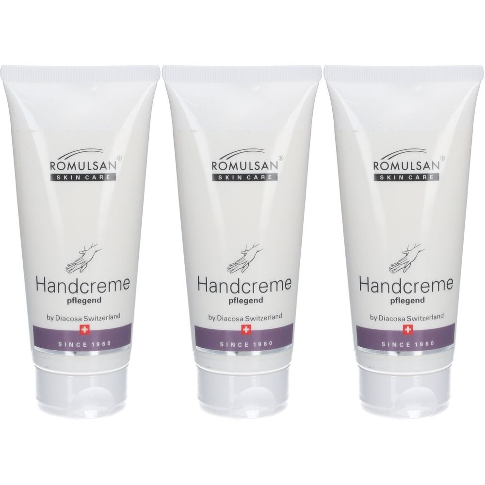 Drei weiße Tuben Handcreme. Auf jeder Tube steht "ROMULSAN SKIN CARE", "Handcreme pflegend" und "by Diacosa Switzerland".