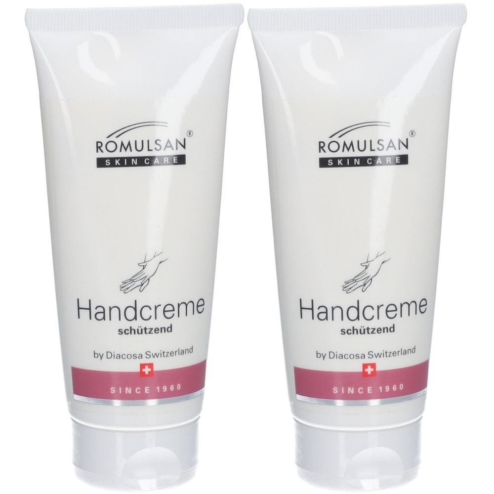 Zwei Tuben Handcreme. Aufschrift: ROMULSAN SKIN CARE, Handcreme schützend, by Diacosa Switzerland, SINCE 1960.