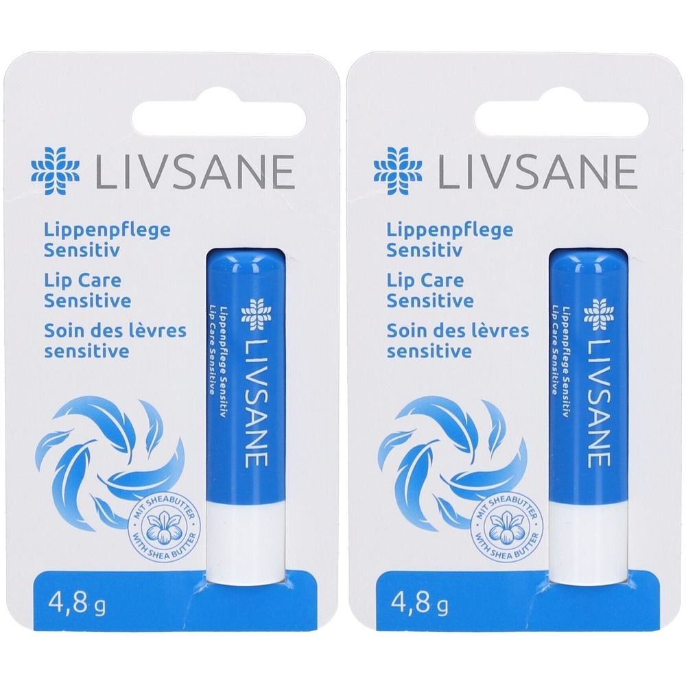 Zwei Lippenpflegestifte in Blisterverpackung. Blaue Stifte mit weißem Ende. Aufschrift: LIVSANE, Lippenpflege Sensitiv.
