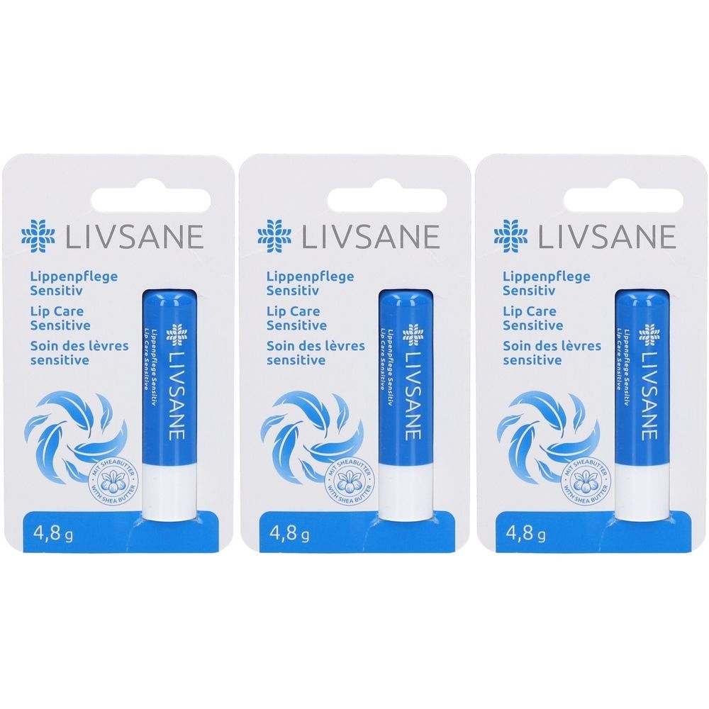 Drei Lippenpflegestifte in Blisterverpackung. Blaue Stifte mit weißem Deckel. Aufschrift: LIVSANE Lippenpflege Sensitiv. 4,8 g.