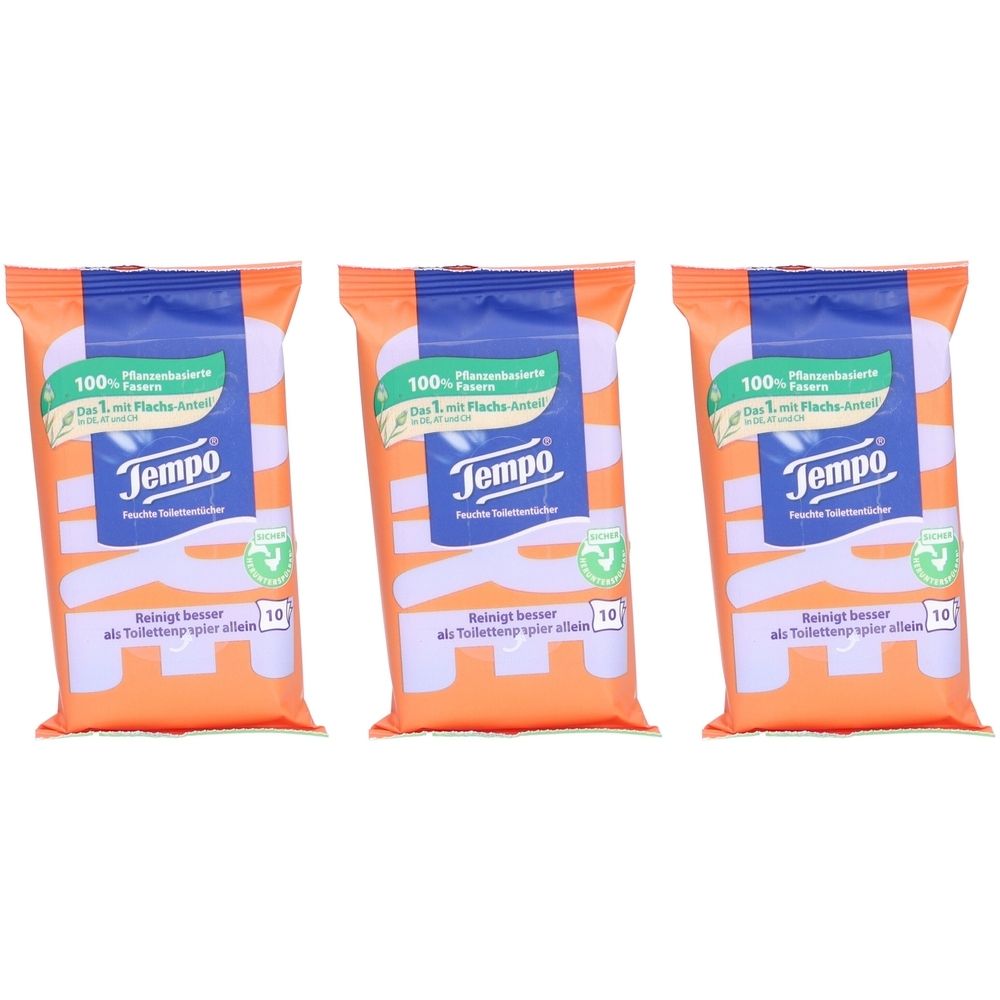Drei Packungen Feuchtes Toilettenpapier. Orangefarbene Verpackung mit blauem Streifen und Logo. Text: Tempo, 100% pflanzenbasierte Fasern.