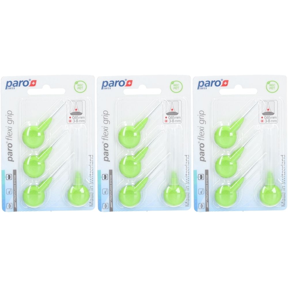 Trois paquets de flexi grip verts. Chaque paquet contient six brosses. Marque : paro.