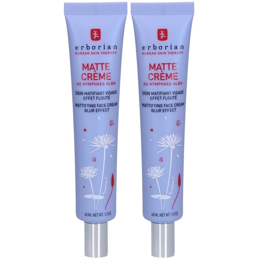 Zwei Tuben Creme. Hellblaue Farbe mit weißer Schrift. Aufschrift: Matte Crème, Erborian Korean Skin Therapy. 45ml.