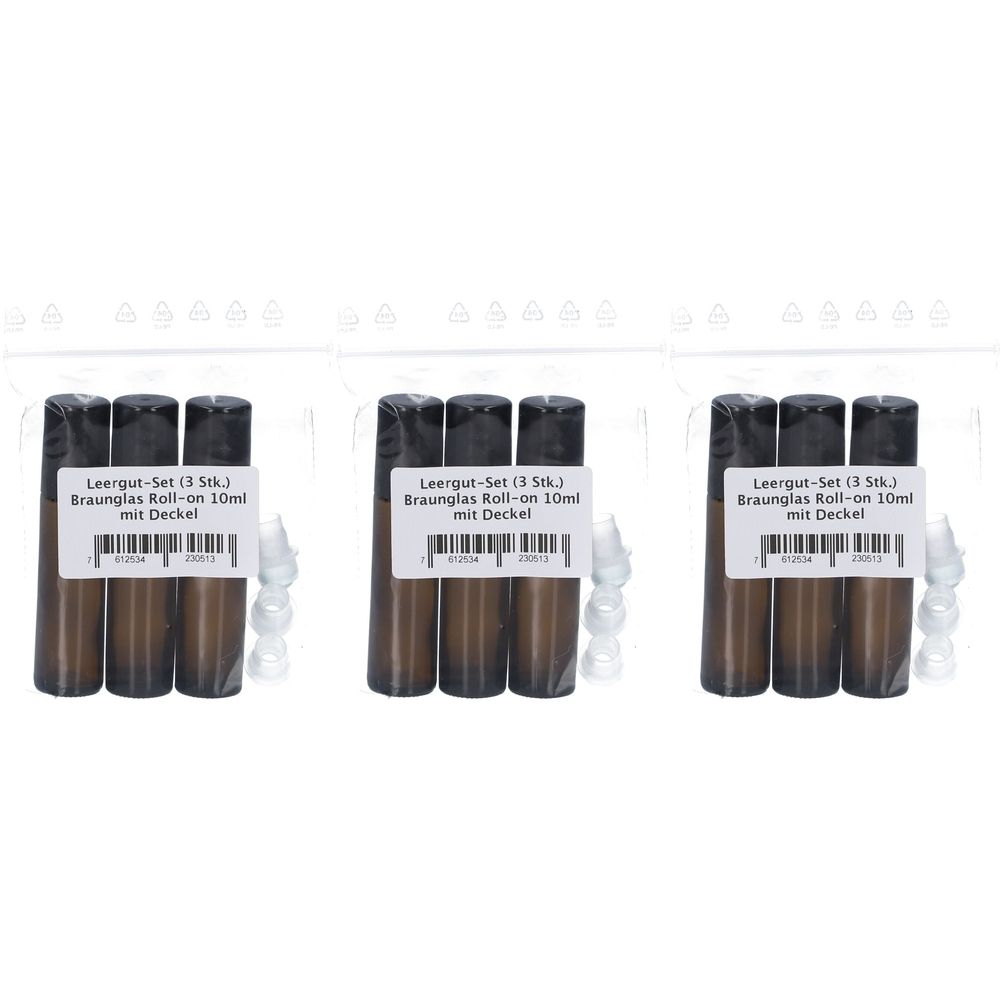 Trois ensembles de flacons roll-on en verre brun avec bouchons noirs. Chaque ensemble contient trois flacons et une fermeture blanche.