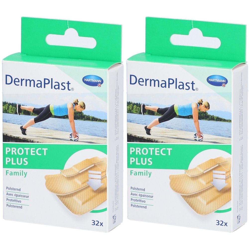 Deux boîtes de DermaPlast Protect Plus Family. Inscriptions : Hartmann, 32 pièces. Illustration d'une femme faisant du sport.