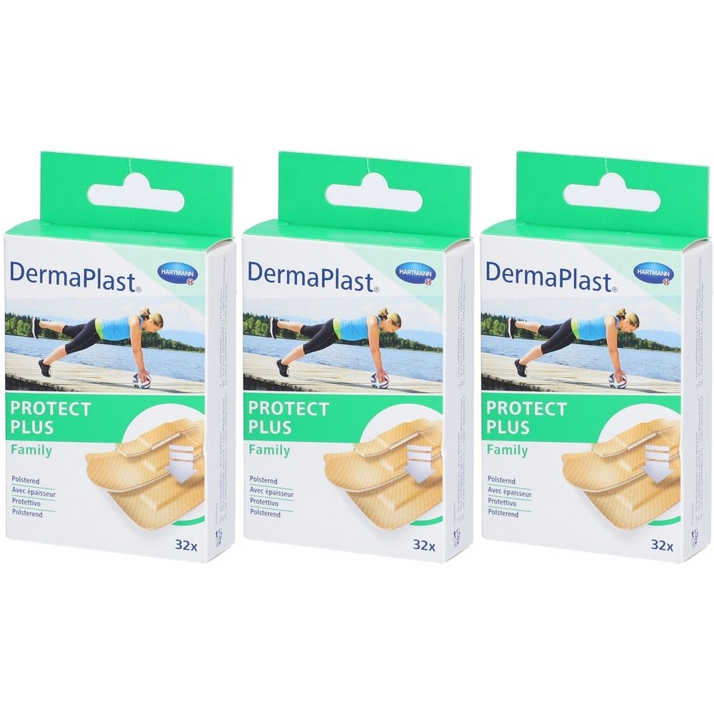 Trois boîtes de pansements. Sur chaque boîte, DermaPlast Protect Plus Family. Chaque boîte contient 32 pièces.